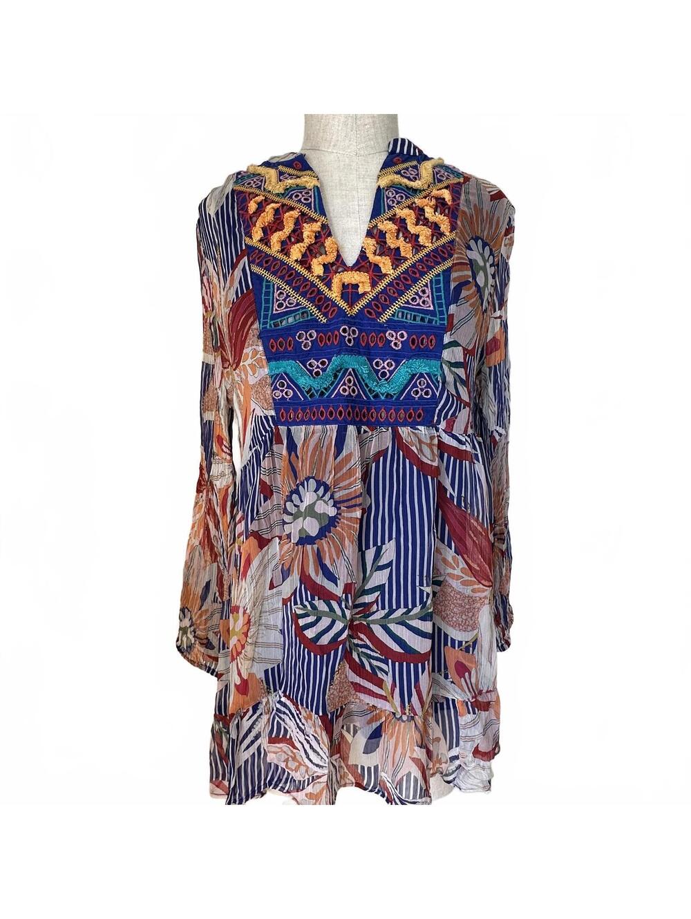 Soft Surroundings Boho Sheer Embroidered Tunic Top Small Blue Floral